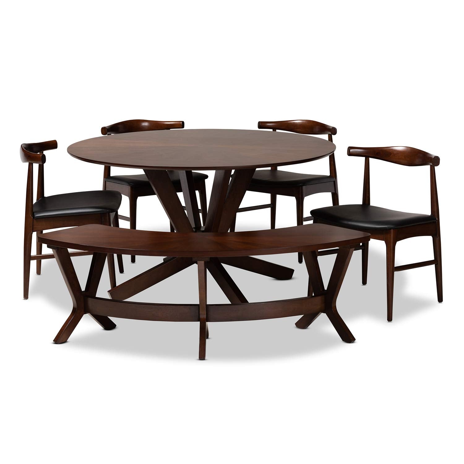 Baxton Studio Berlin Mid-Century Modern Black Faux Leather Upholstered Walnut Finished 6-Piece Wood Dining Set